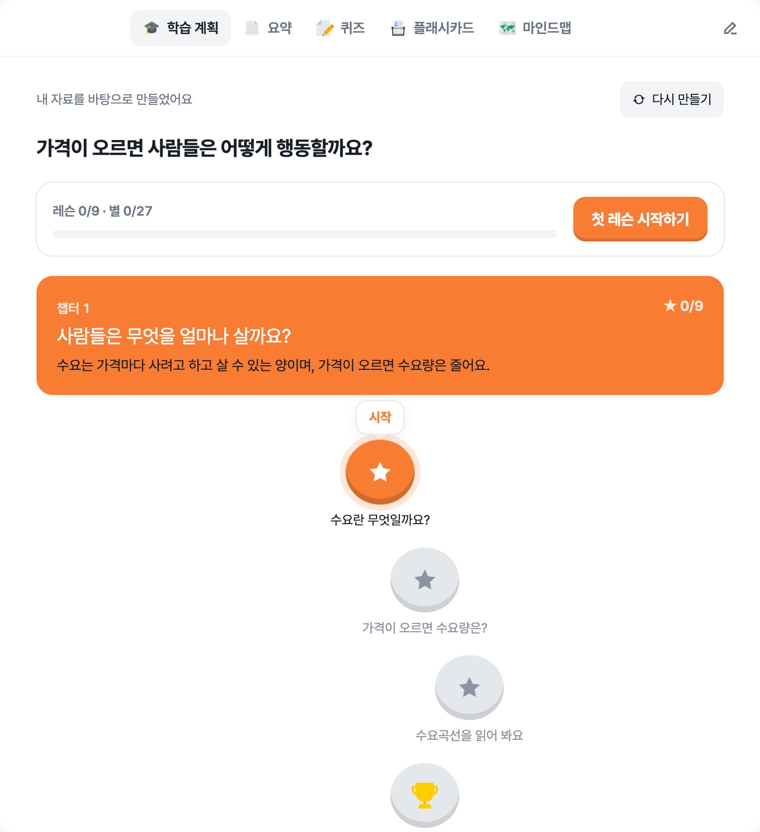 챕터와 레슨으로 나뉜 학습 코스 화면
